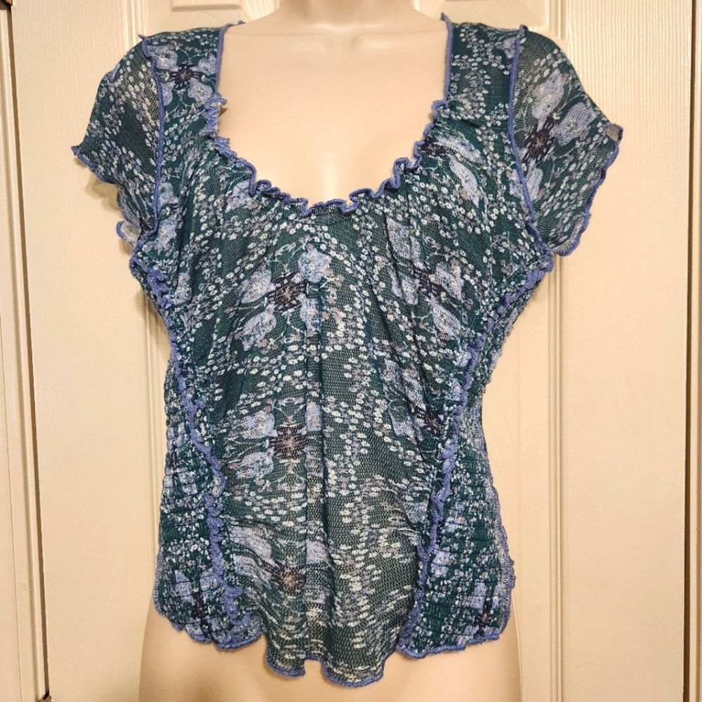 💙 Free People Oh My Baby Floral Ruched Mesh Top Green and Blue Size Medium